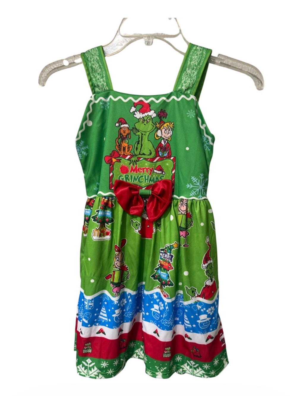 Girls the grinch Christmas themed holiday dress with bow size